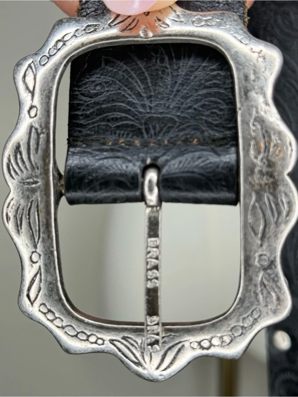 Vintage Black Leather Bohemian Belt with Decorative Brass Silver Buckle M